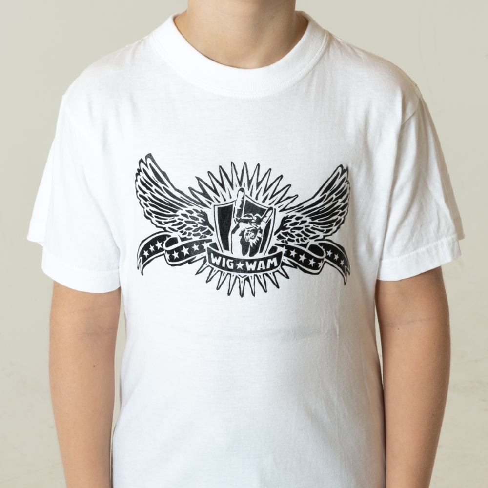 White t-shirt with black print.