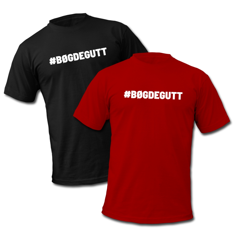 Tshirt med #BØGDEGUTT trykk på front

kjøpte produkter kan ikke returneres eller byttes da de lages 