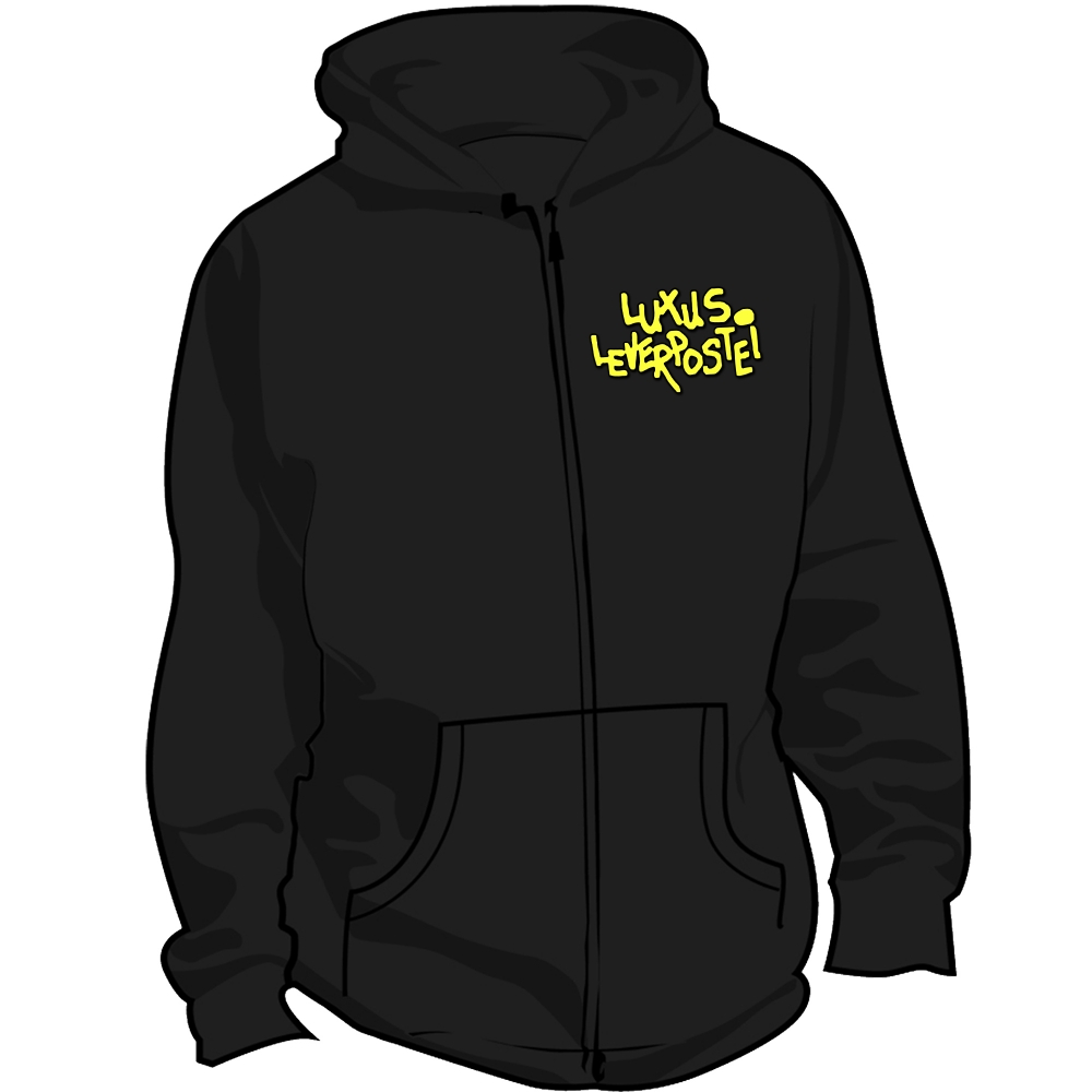 Svart zip-hood med gul Luxus logo.

kjøpte produkter kan ikke returneres eller byttes da de lages 